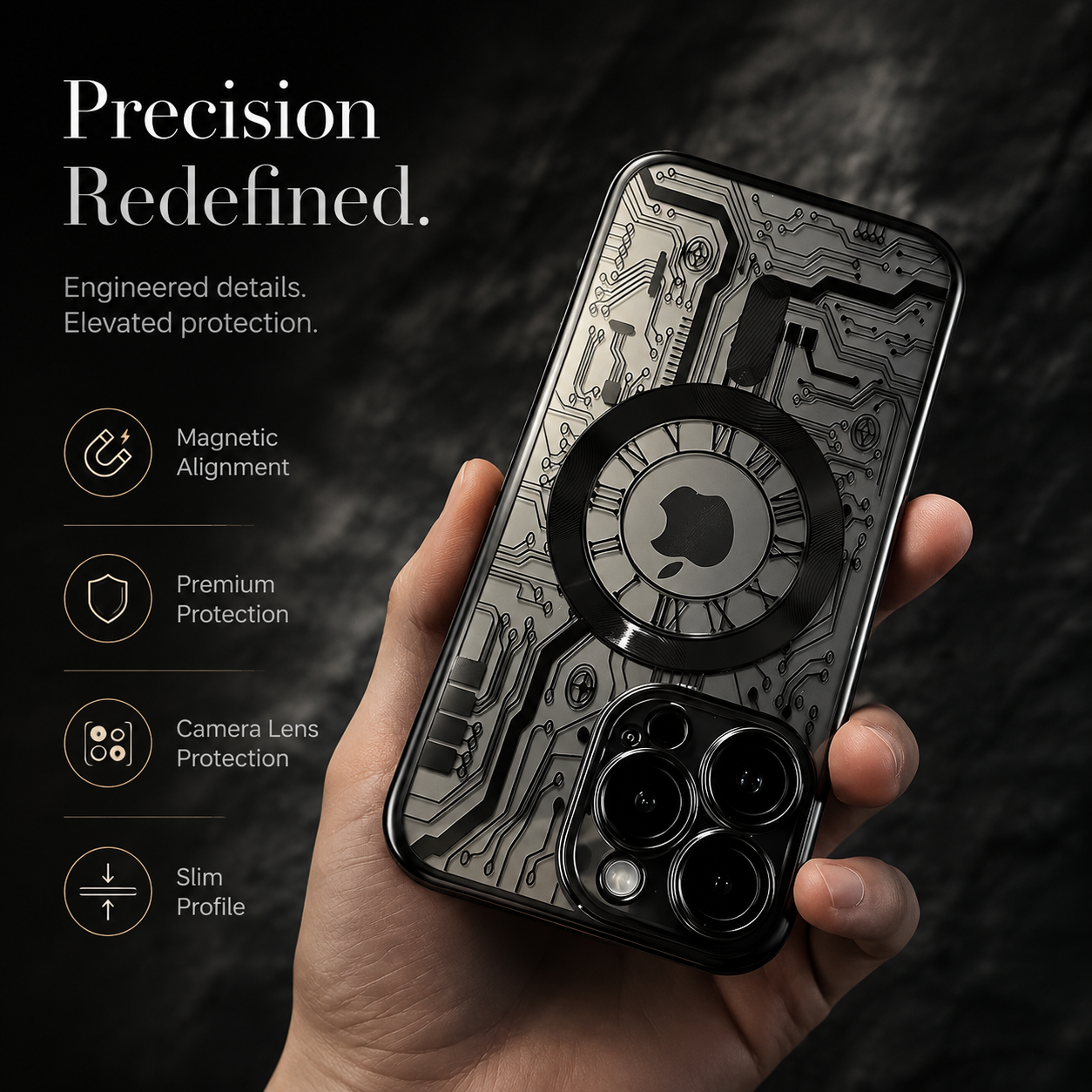 Premium iPhone Case MagSafe Compatible Transparent Clear Back Mechanical Texture Shockproof Bumper Frame Camera Lens Protection Slim Design