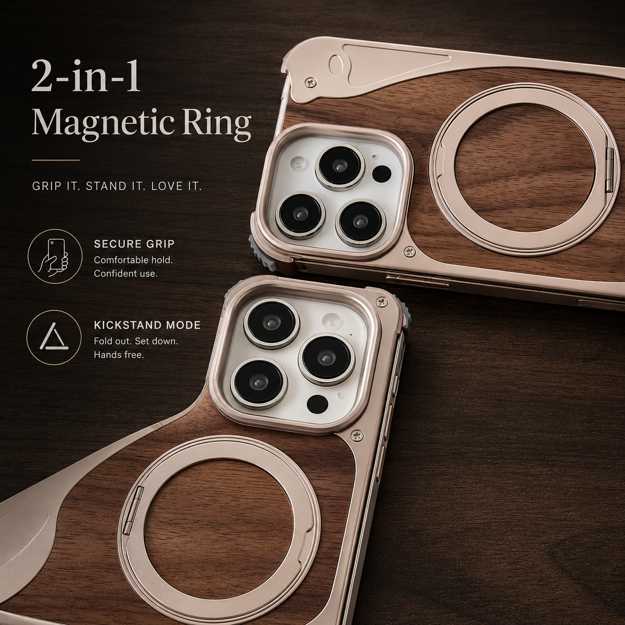 Premium iPhone Case MagSafe Compatible Walnut Wood Metal Frame Magnetic Rotating Ring Stand Shockproof Protective Cover Luxury Half Wrapped Design