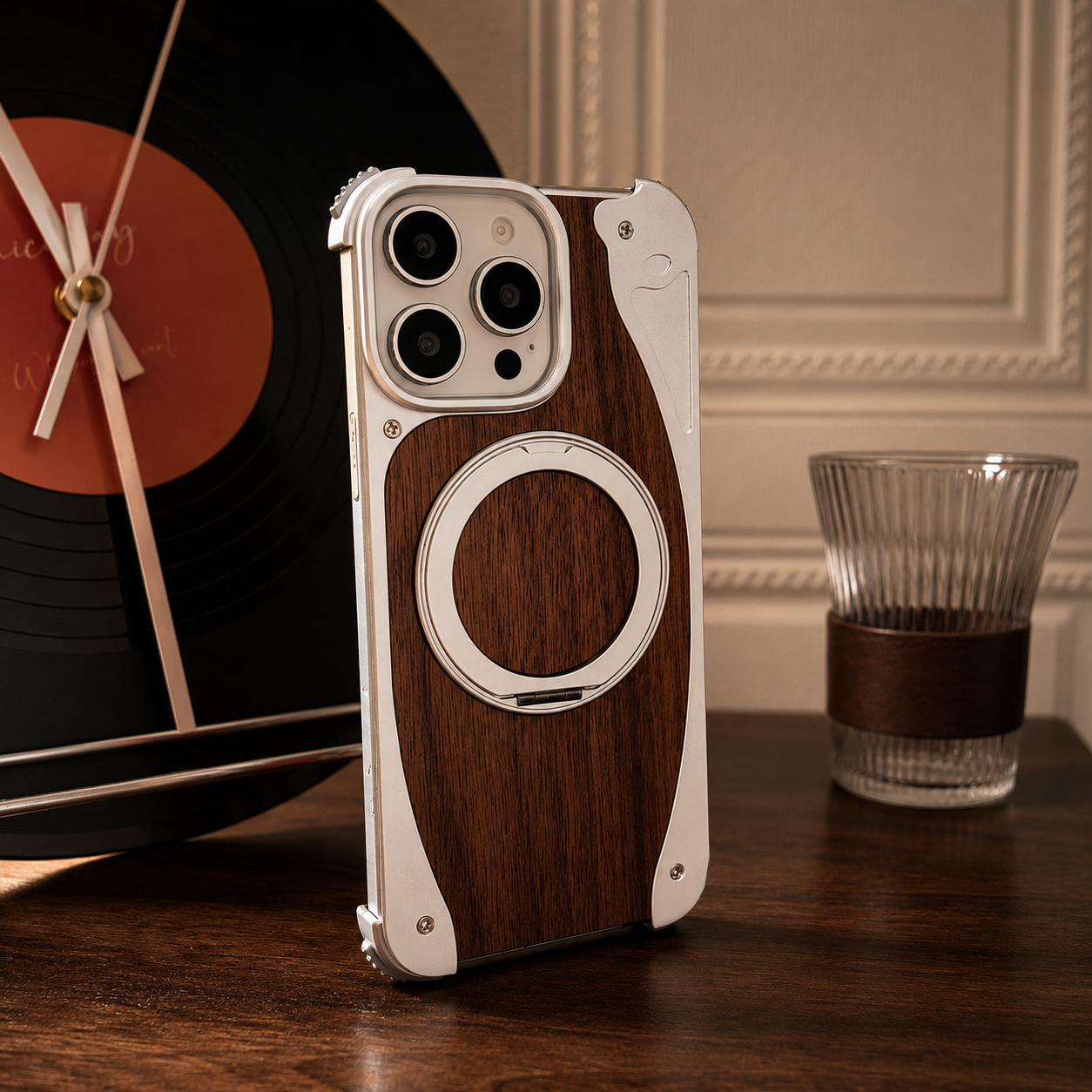Premium iPhone Case MagSafe Compatible Walnut Wood Metal Frame Magnetic Rotating Ring Stand Shockproof Protective Cover Luxury Half Wrapped Design