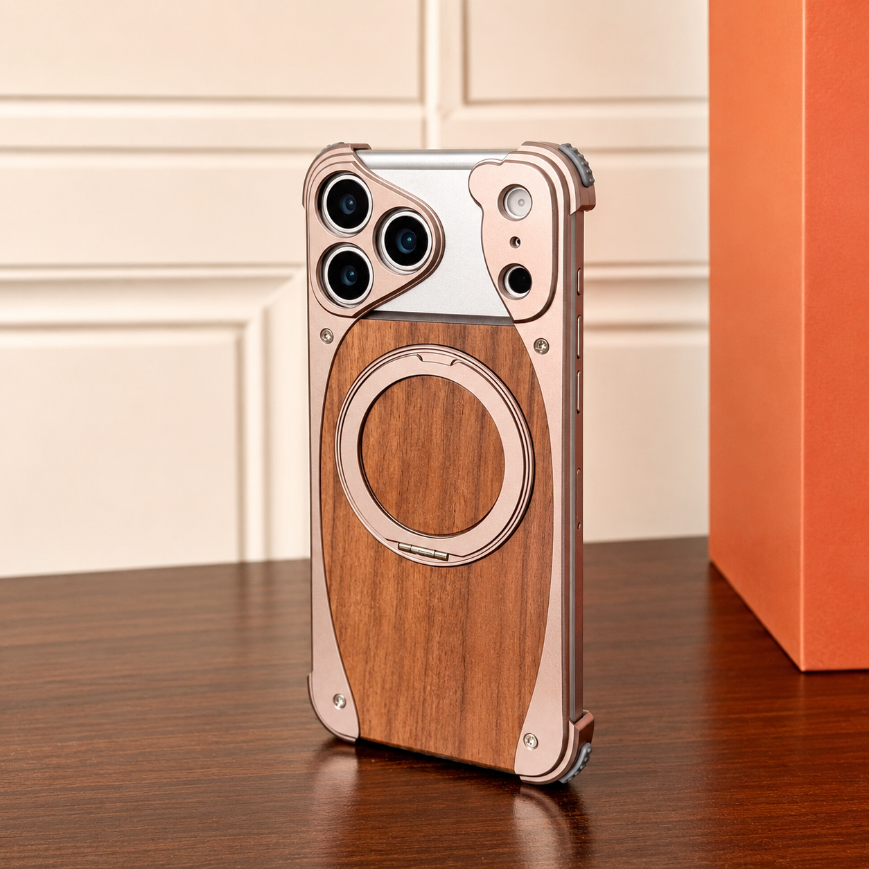 Premium iPhone Case MagSafe Compatible Walnut Wood Metal Frame Magnetic Rotating Ring Stand Shockproof Protective Cover Luxury Half Wrapped Design