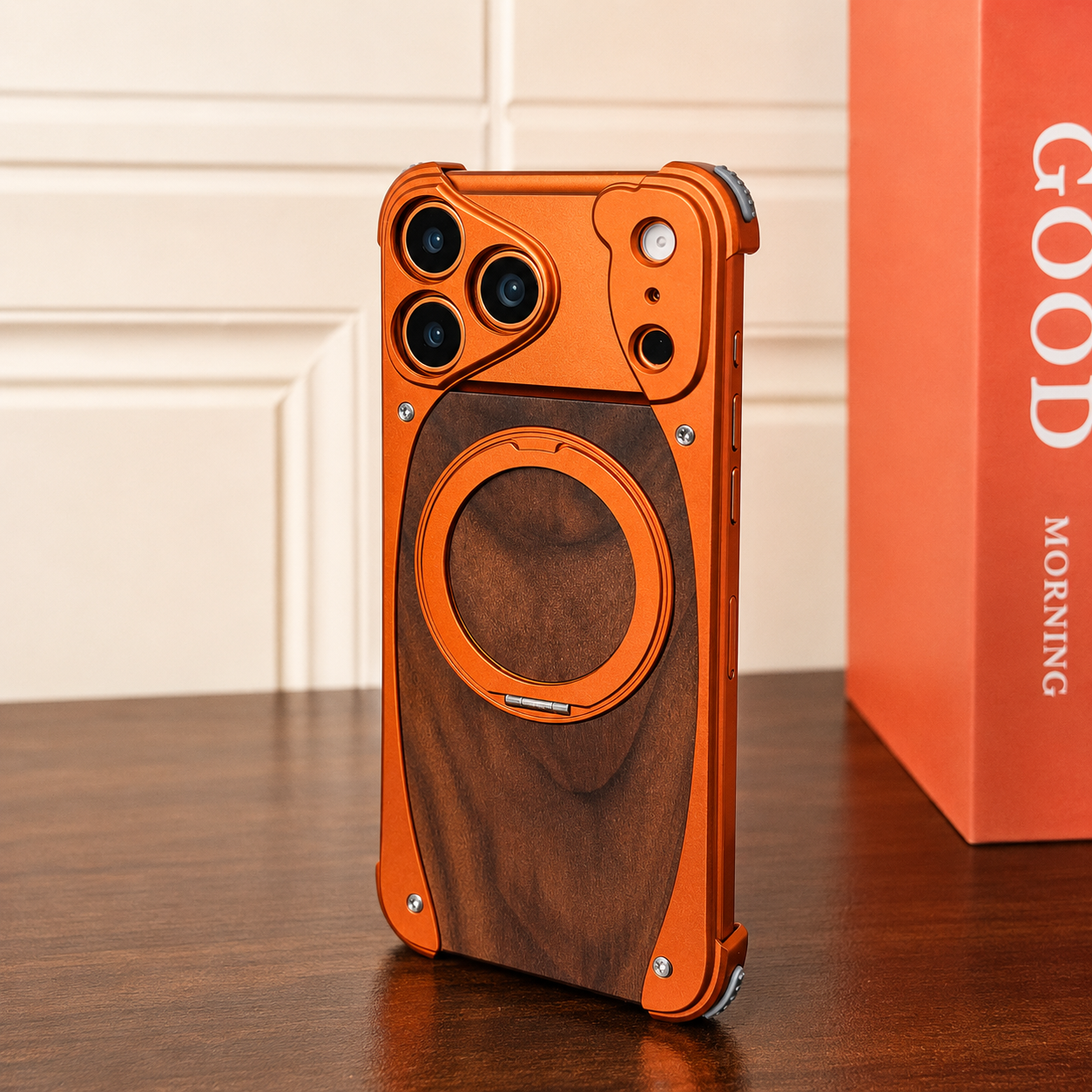 Premium iPhone Case MagSafe Compatible Walnut Wood Metal Frame Magnetic Rotating Ring Stand Shockproof Protective Cover Luxury Half Wrapped Design