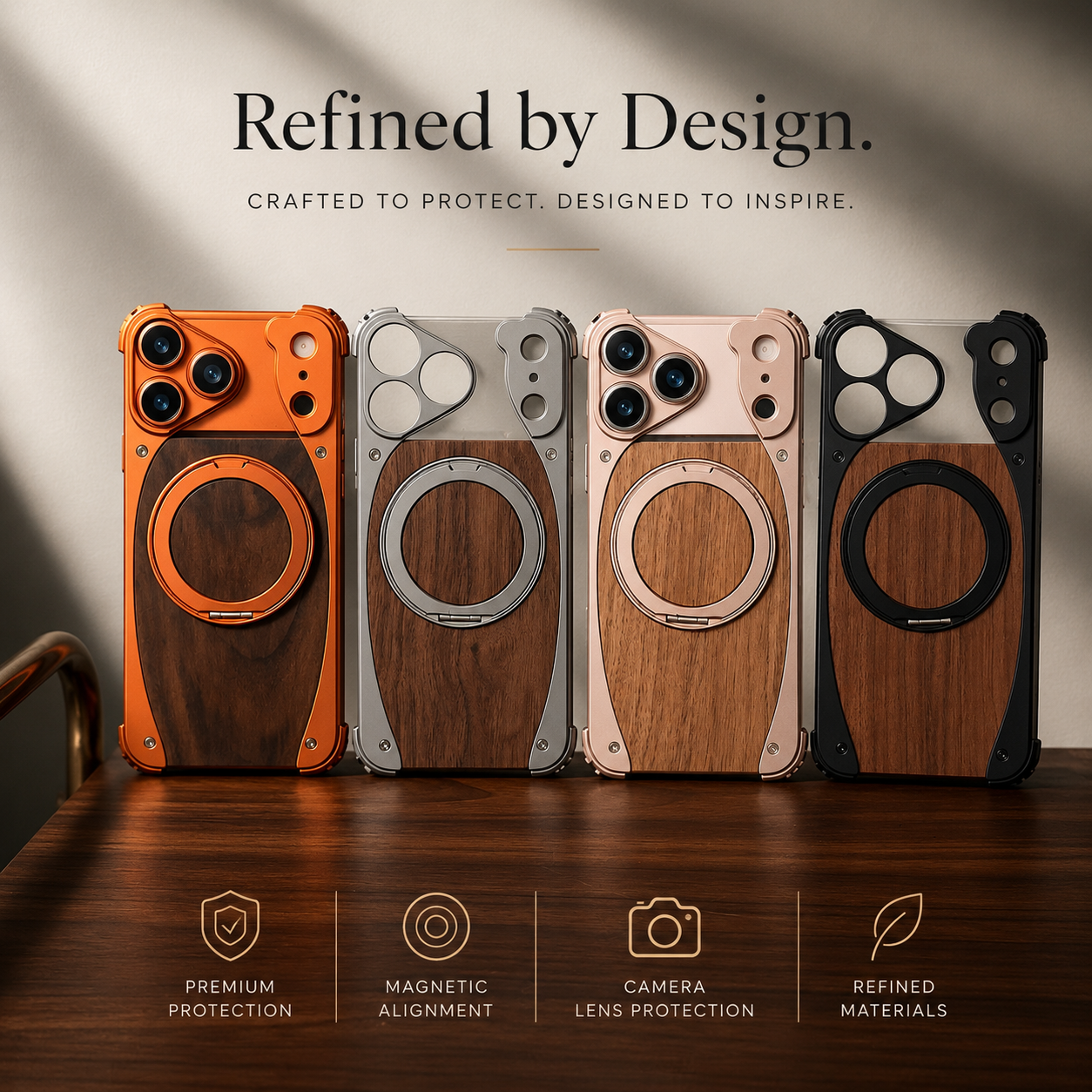 Premium iPhone Case MagSafe Compatible Walnut Wood Metal Frame Magnetic Rotating Ring Stand Shockproof Protective Cover Luxury Half Wrapped Design