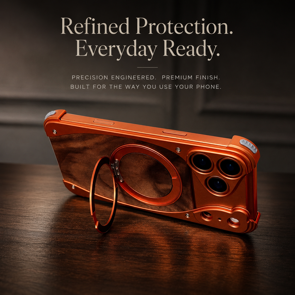 Premium iPhone Case MagSafe Compatible Walnut Wood Metal Frame Magnetic Rotating Ring Stand Shockproof Protective Cover Luxury Half Wrapped Design