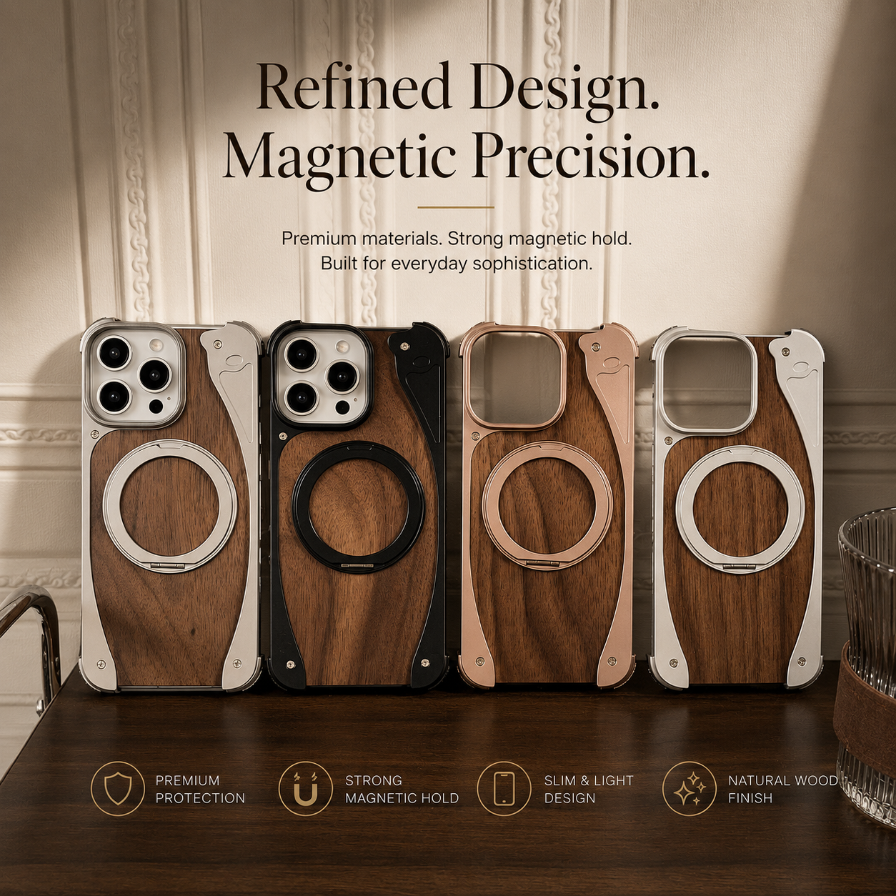 Premium iPhone Case MagSafe Compatible Walnut Wood Metal Frame Magnetic Rotating Ring Stand Shockproof Protective Cover Luxury Half Wrapped Design