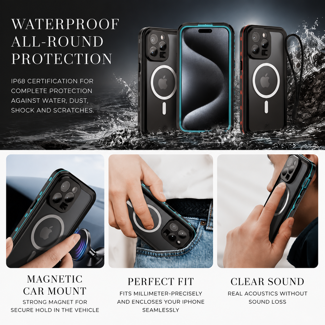 Premium iPhone Case MagSafe Compatible Waterproof Sealed Armor Cover IP68 Shockproof 360 Full Body Protective Camera Lens Guard Dustproof Slim Design
