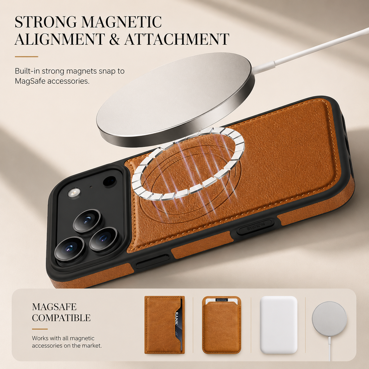 Premium iPhone Case Magnetic 2-in-1 Leather Card Holder Cover Dual Layer Shockproof Wireless Charging Anti Fingerprint Non Slip Slim Protective Design