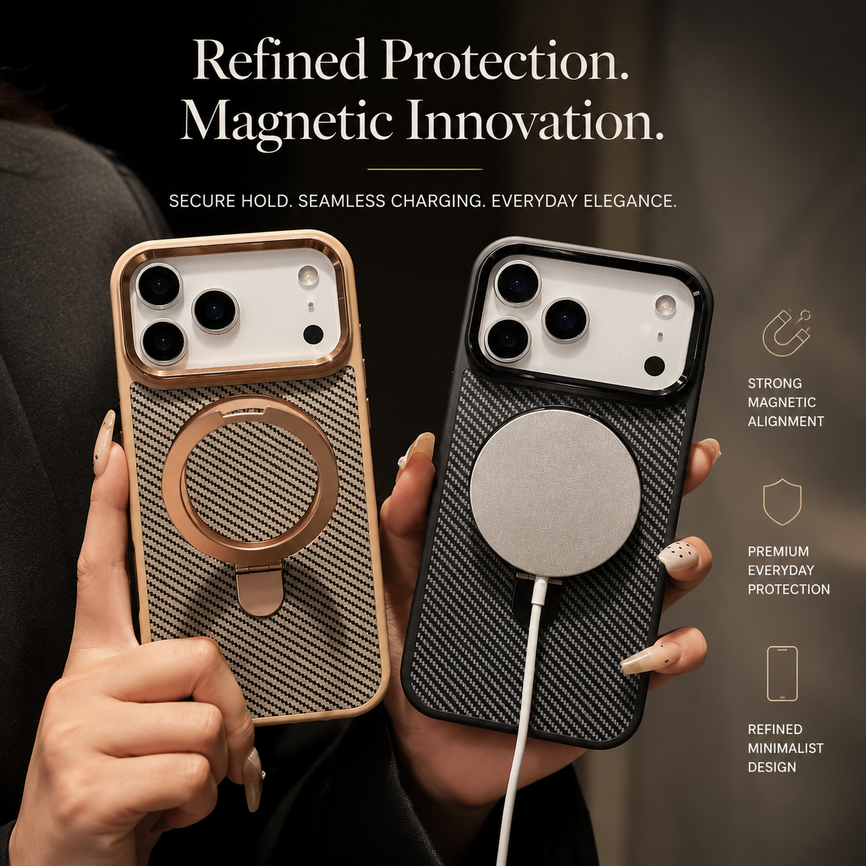 Premium iPhone Case Magnetic Carbon Fiber Texture Cover Stand Holder Shockproof Anti Fingerprint Slim PC Camera Protection Half Wrapped Design