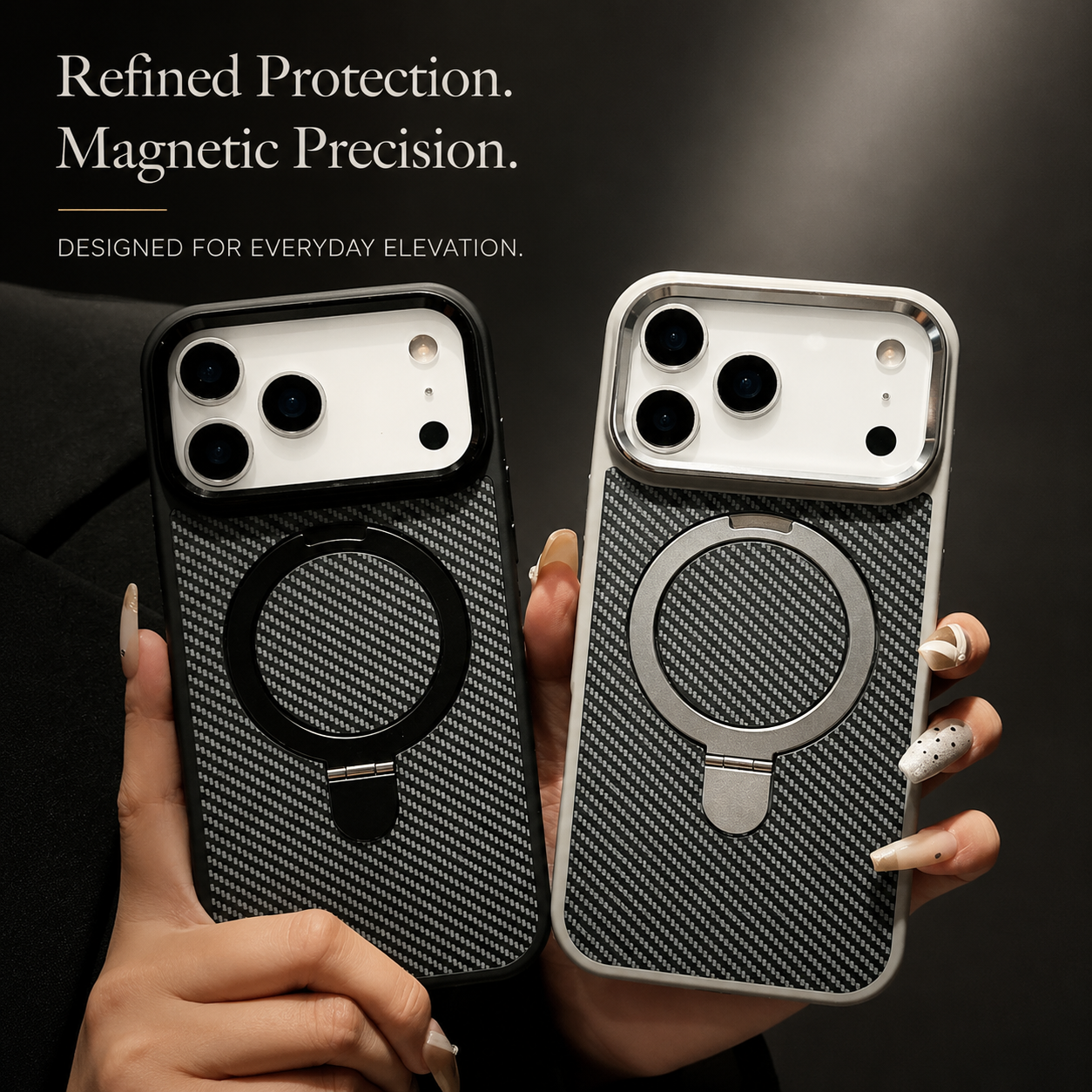 Premium iPhone Case Magnetic Carbon Fiber Texture Cover Stand Holder Shockproof Anti Fingerprint Slim PC Camera Protection Half Wrapped Design