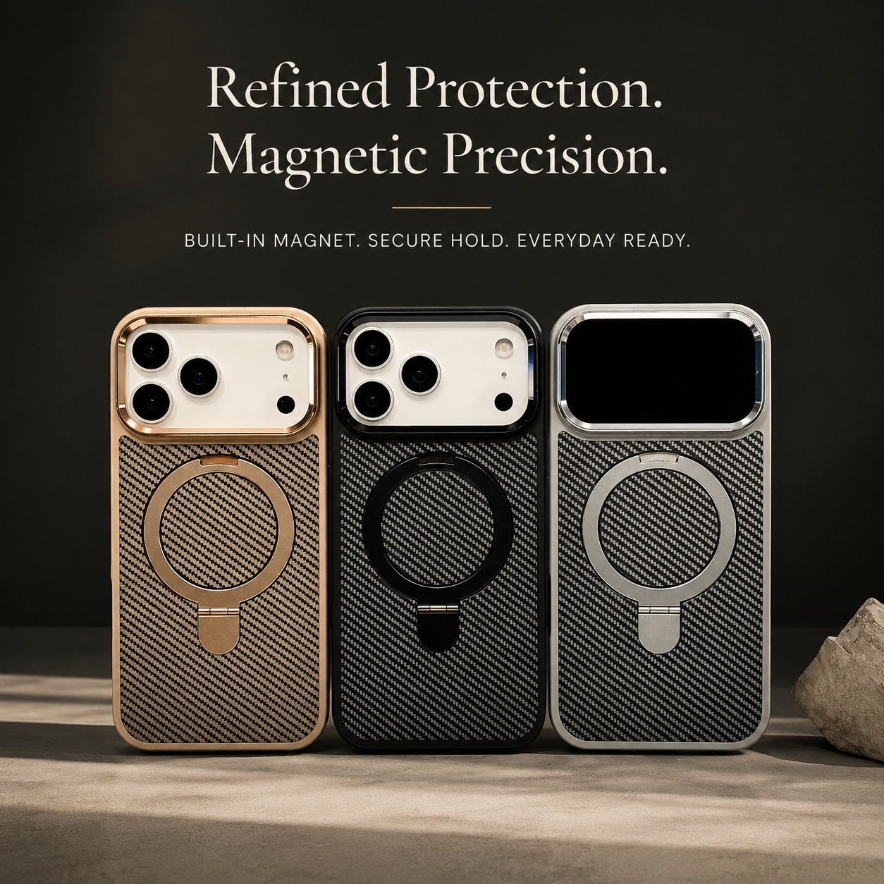 Premium iPhone Case Magnetic Carbon Fiber Texture Cover Stand Holder Shockproof Anti Fingerprint Slim PC Camera Protection Half Wrapped Design