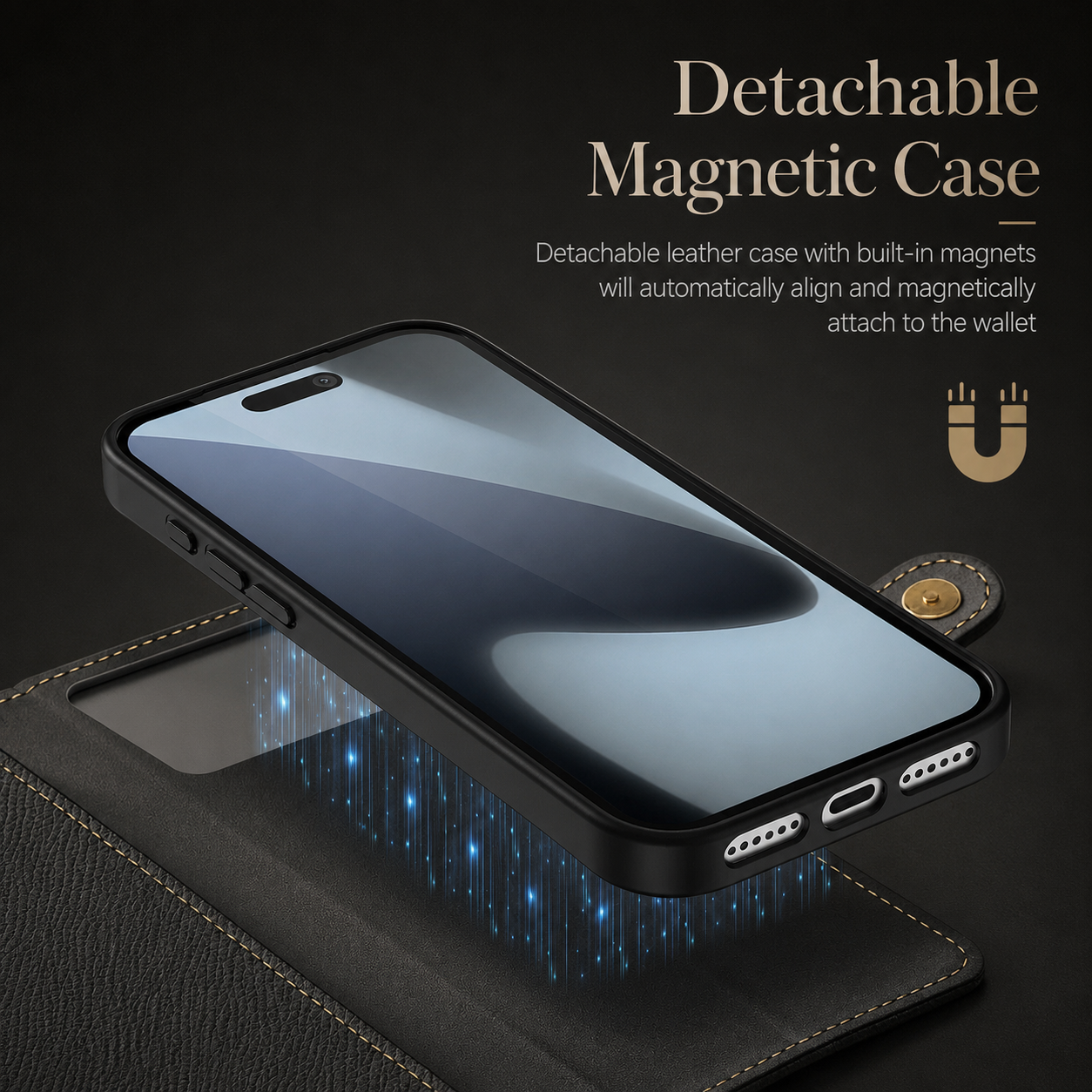 Premium iPhone Case Magnetic Detachable Wallet Cover Cow Leather Card Holder Shockproof Wireless Charging Support Anti Scratch Slim Protective Design