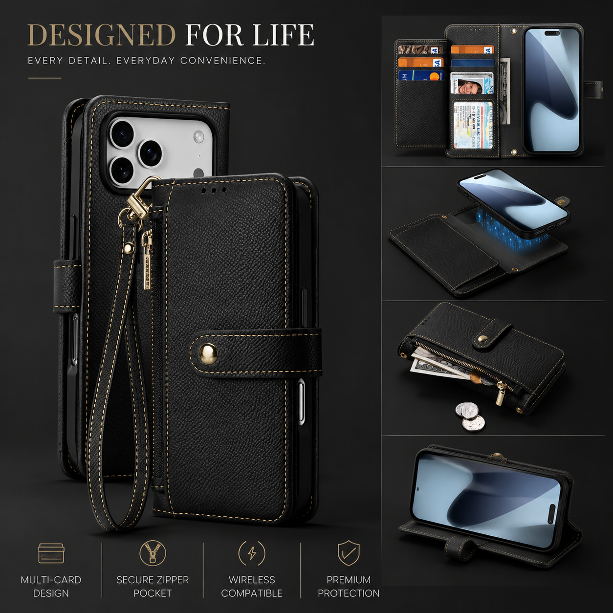 Premium iPhone Case Magnetic Detachable Wallet Cover Cow Leather Card Holder Shockproof Wireless Charging Support Anti Scratch Slim Protective Design