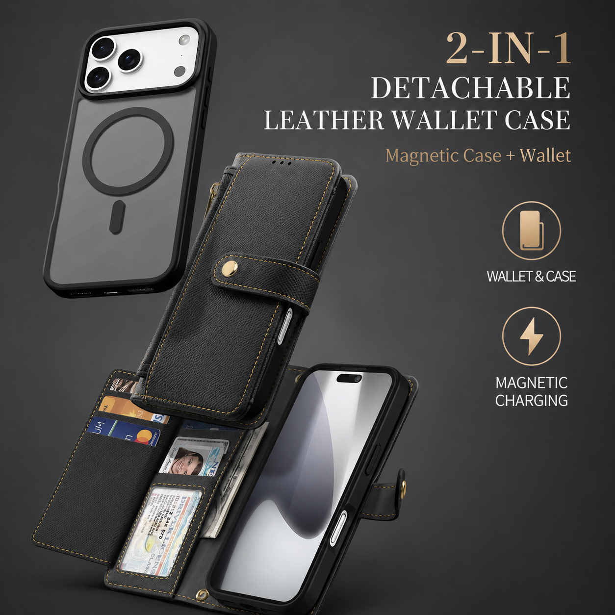 Premium iPhone Case Magnetic Detachable Wallet Cover Cow Leather Card Holder Shockproof Wireless Charging Support Anti Scratch Slim Protective Design