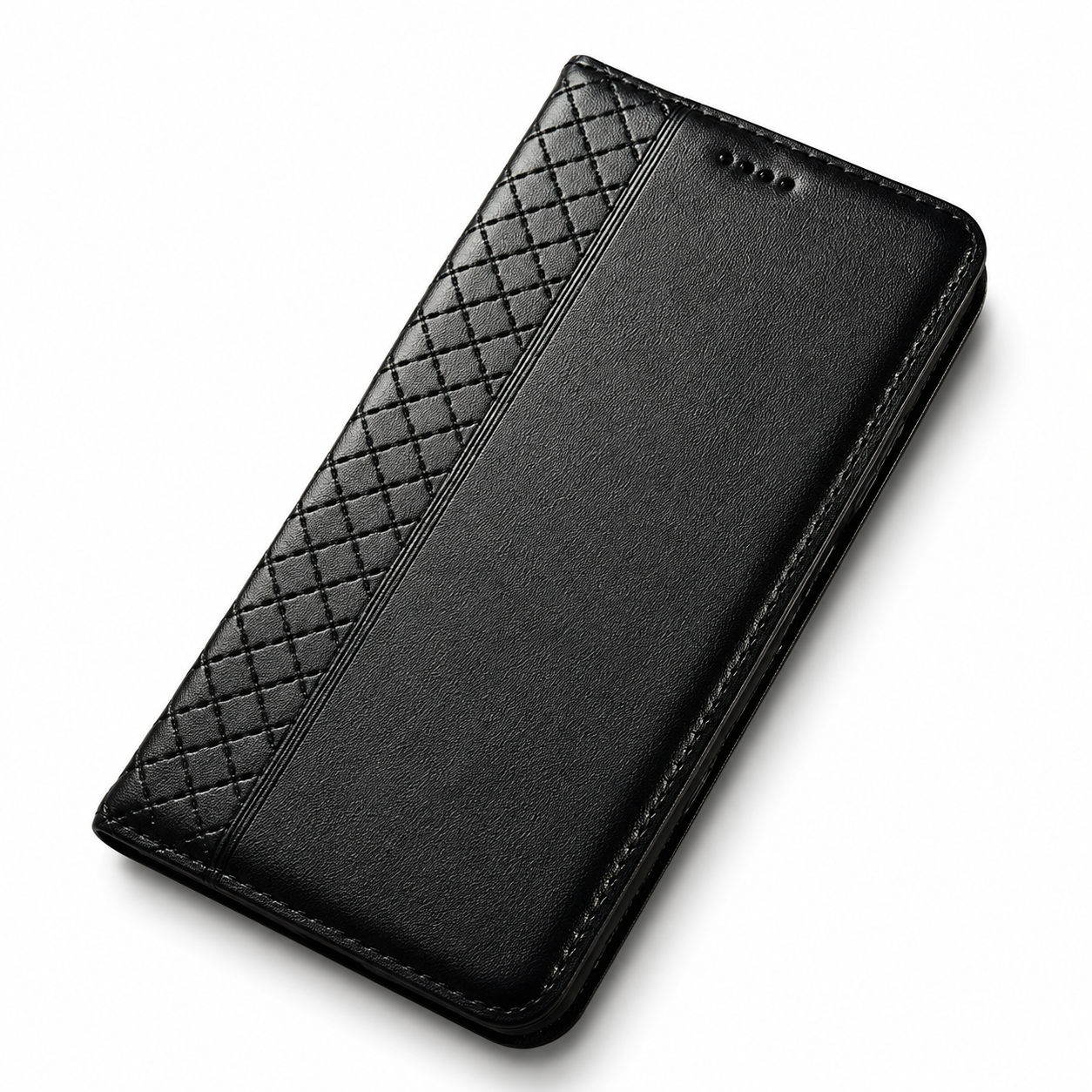Premium iPhone Case Magnetic Flip Wallet Cover Cowhide Leather Grid Pattern Kickstand TPU Bumper Full Coverage Shockproof Slim Protective Design