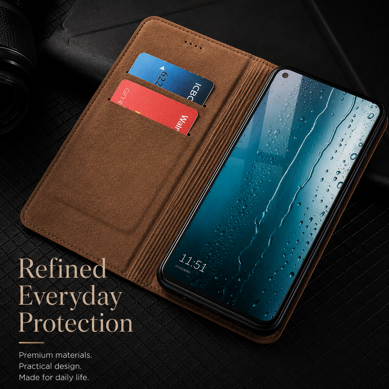 Premium iPhone Case Magnetic Flip Wallet Cover Cowhide Leather Grid Pattern Kickstand TPU Bumper Full Coverage Shockproof Slim Protective Design