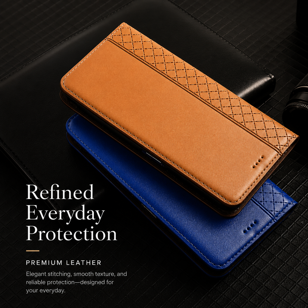 Premium iPhone Case Magnetic Flip Wallet Cover Cowhide Leather Grid Pattern Kickstand TPU Bumper Full Coverage Shockproof Slim Protective Design