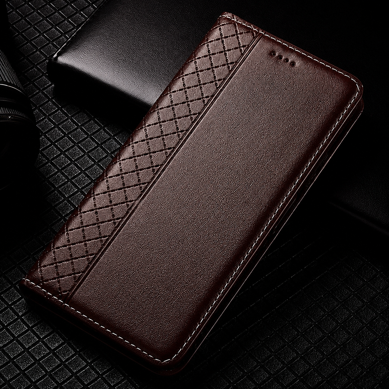 Premium iPhone Case Magnetic Flip Wallet Cover Cowhide Leather Grid Pattern Kickstand TPU Bumper Full Coverage Shockproof Slim Protective Design