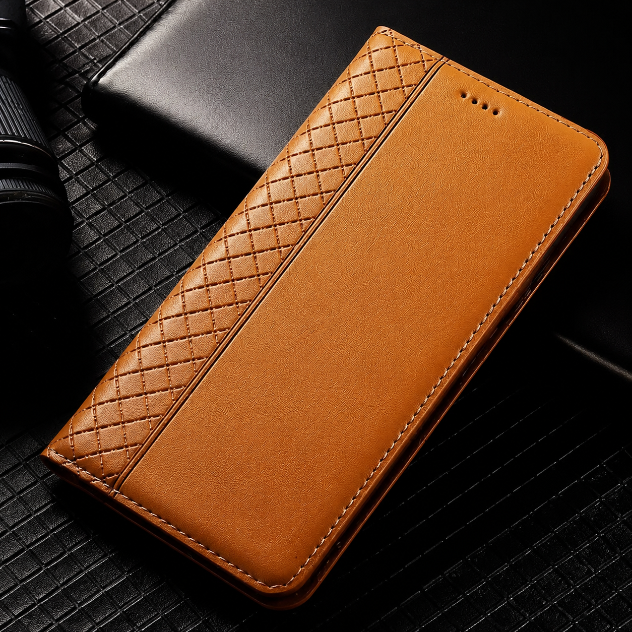 Premium iPhone Case Magnetic Flip Wallet Cover Cowhide Leather Grid Pattern Kickstand TPU Bumper Full Coverage Shockproof Slim Protective Design