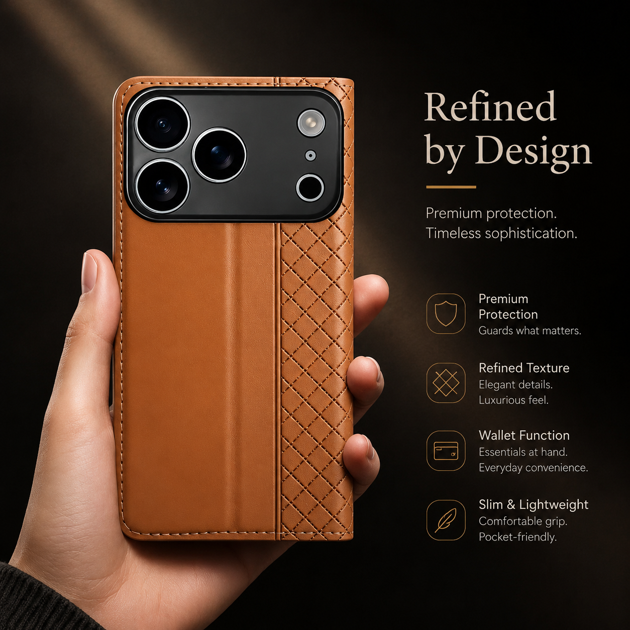 Premium iPhone Case Magnetic Flip Wallet Cover Cowhide Leather Grid Pattern Kickstand TPU Bumper Full Coverage Shockproof Slim Protective Design
