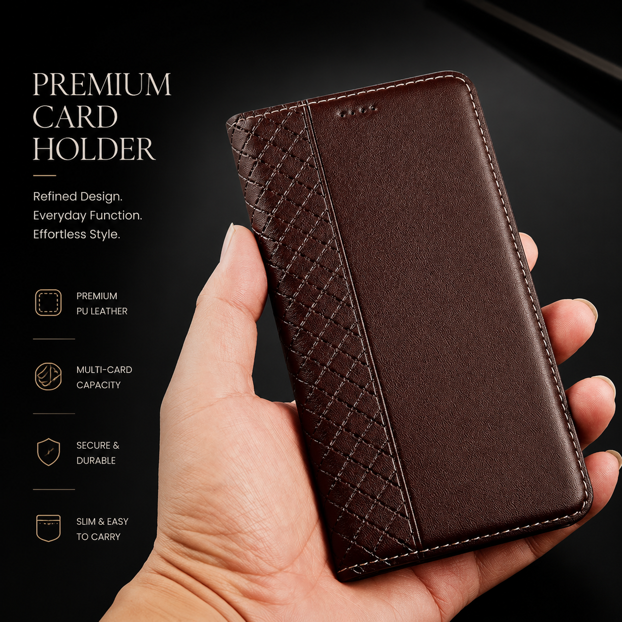 Premium iPhone Case Magnetic Flip Wallet Cover Cowhide Leather Grid Pattern Kickstand TPU Bumper Full Coverage Shockproof Slim Protective Design