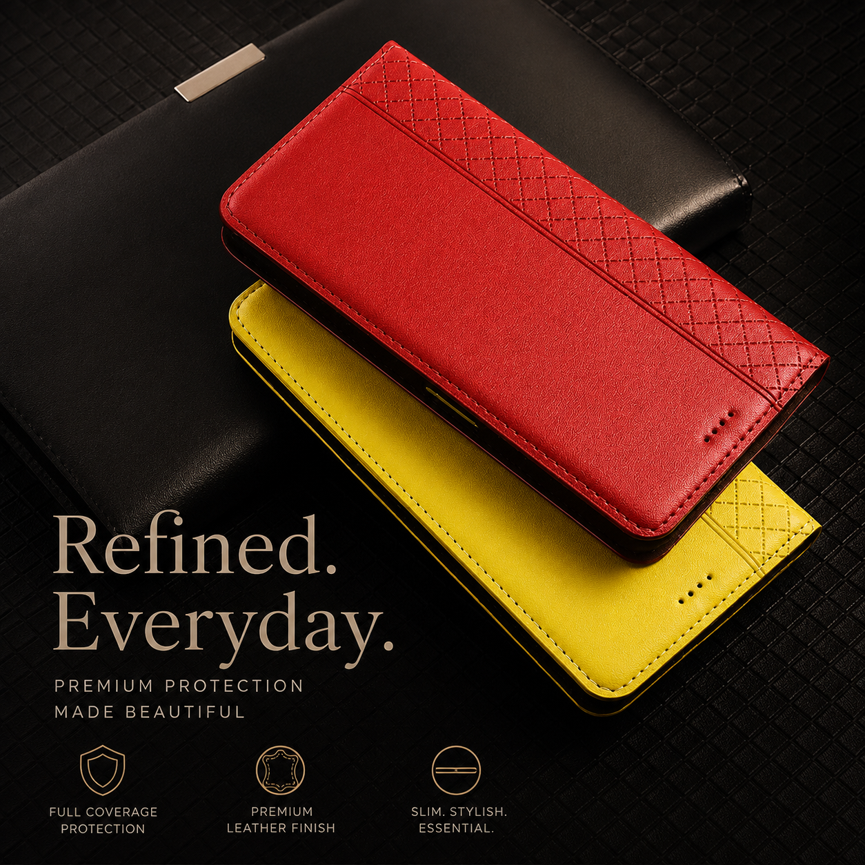 Premium iPhone Case Magnetic Flip Wallet Cover Cowhide Leather Grid Pattern Kickstand TPU Bumper Full Coverage Shockproof Slim Protective Design