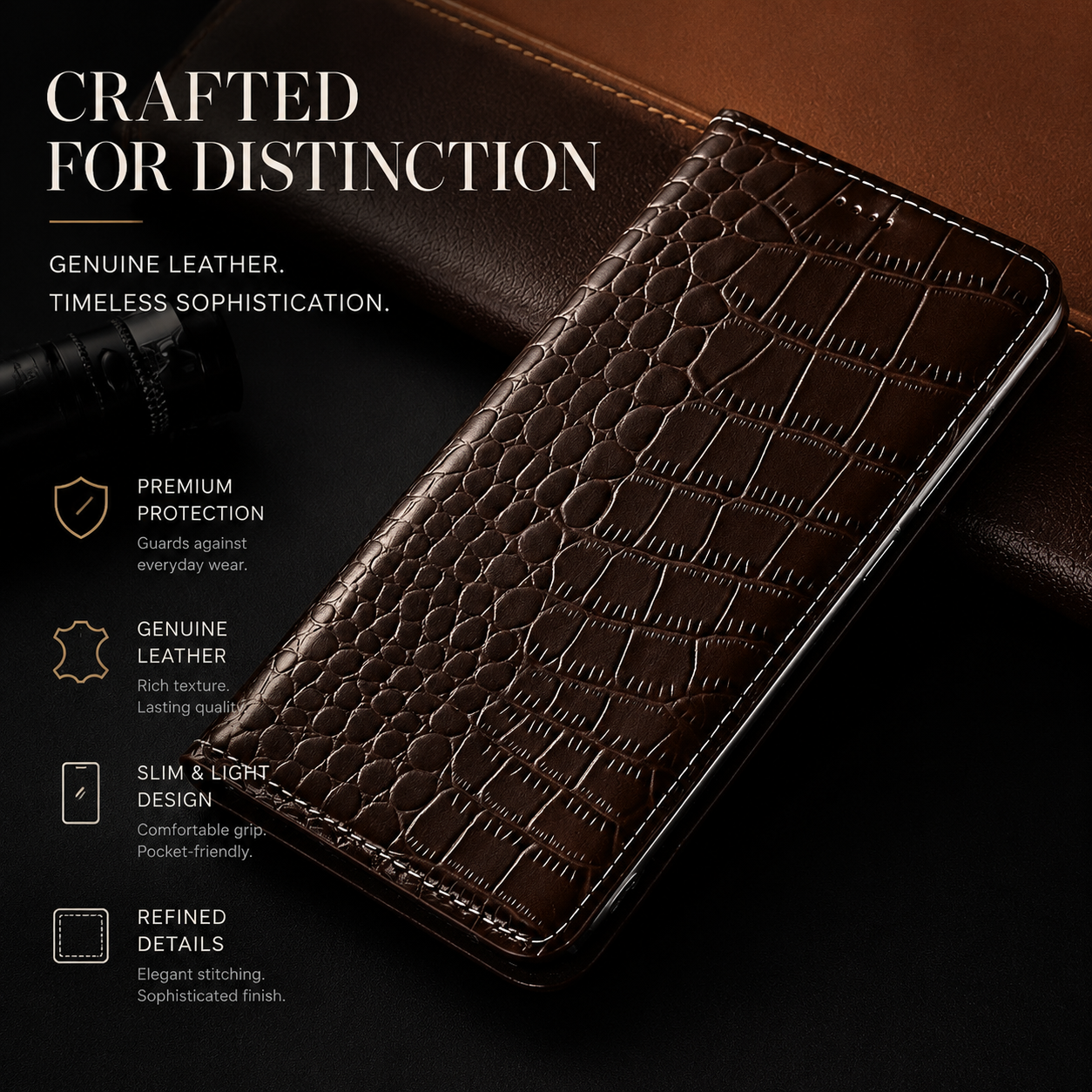 Premium iPhone Case Magnetic Flip Wallet Genuine Leather Cover Kickstand Shockproof Anti Scratch TPU Bumper Full Coverage Slim Protective Design