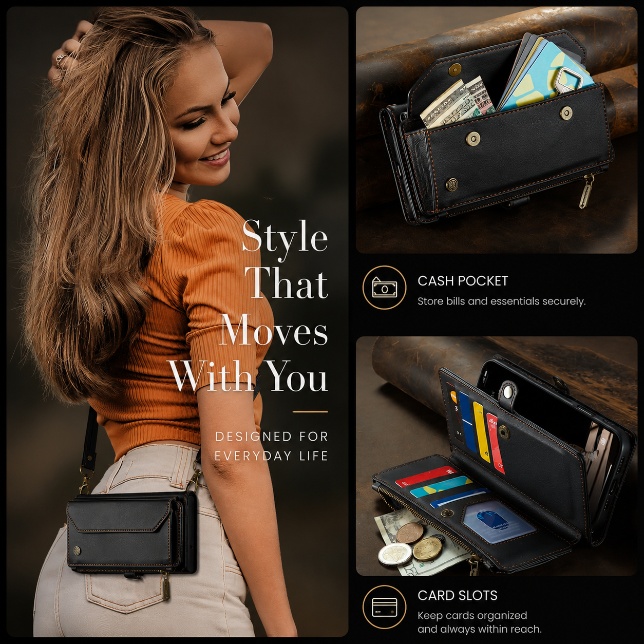Premium iPhone Case Magnetic Flip Wallet PU Leather Cover RFID Blocking Card Holder Crossbody Strap Shockproof Full Coverage Slim Protective Design