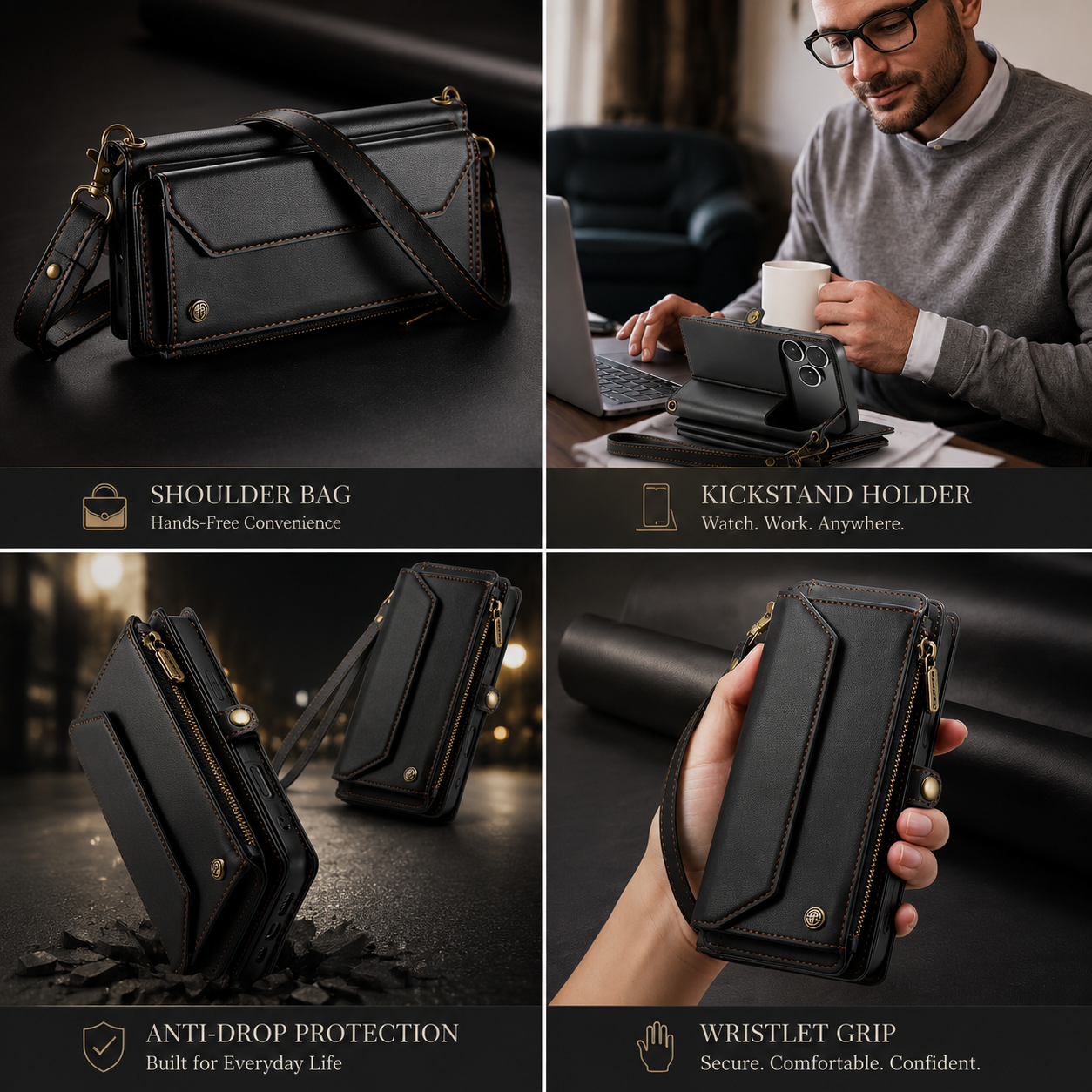 Premium iPhone Case Magnetic Flip Wallet PU Leather Cover RFID Blocking Card Holder Crossbody Strap Shockproof Full Coverage Slim Protective Design