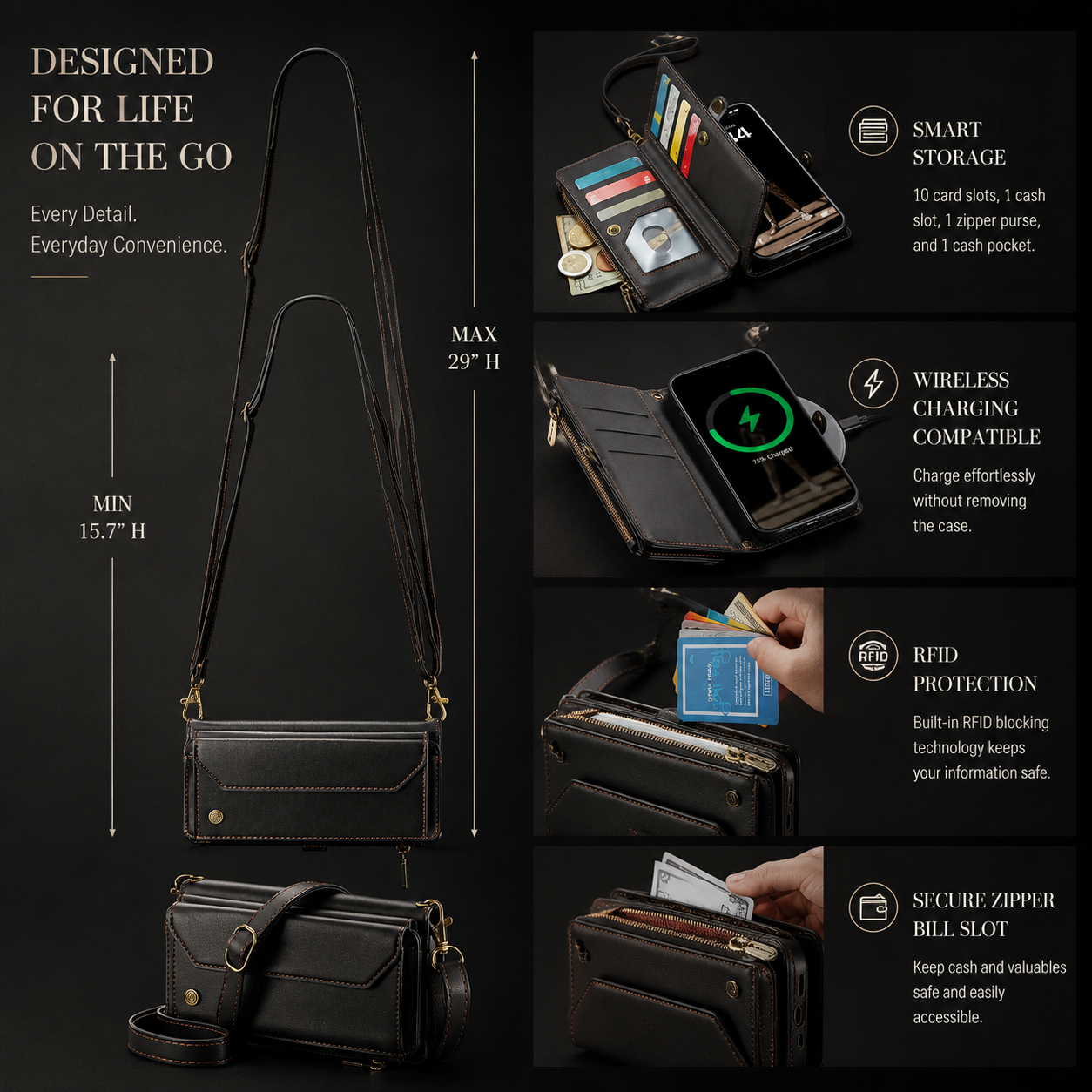 Premium iPhone Case Magnetic Flip Wallet PU Leather Cover RFID Blocking Card Holder Crossbody Strap Shockproof Full Coverage Slim Protective Design