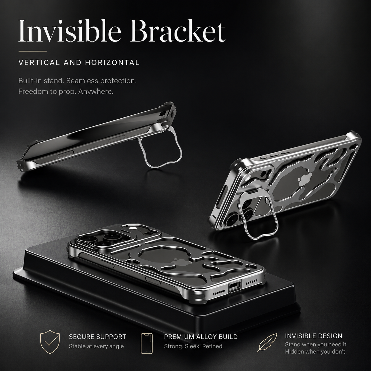 Premium iPhone Case Magnetic Hollow Metal Cover Built In Stand Breathable Heat Dissipation Slim Protective Shockproof Camera Protection Full Coverage