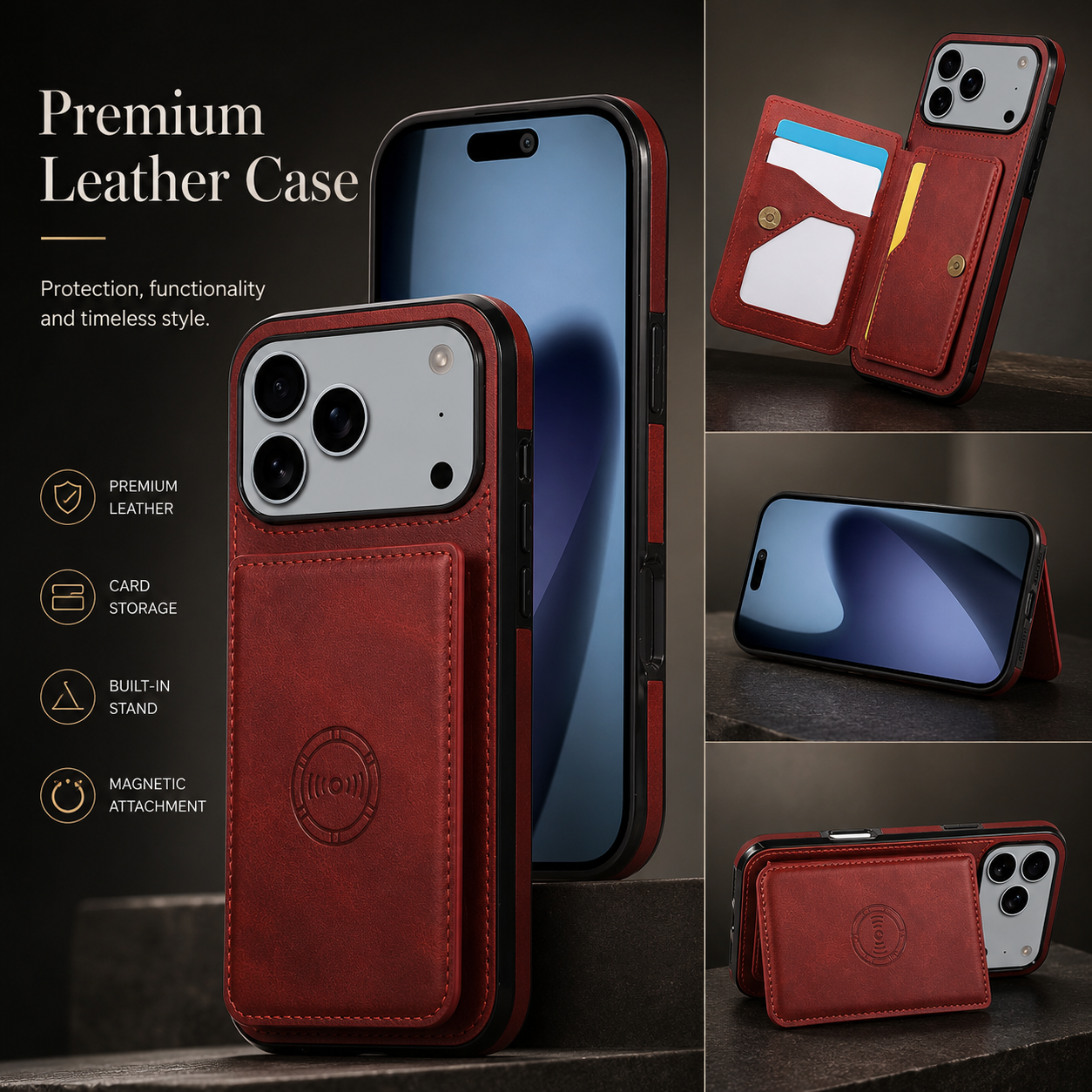 Premium iPhone Case Magnetic Leather Wallet Cover RFID Blocking Card Holder Shockproof Full Coverage Protective Cover Anti Scratch Slim Secure Design