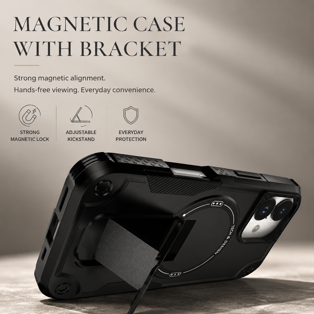 Premium iPhone Case Magnetic Rugged Shockproof Dual Layer PC TPU Cover Kickstand Lanyard Strap Heavy Duty Anti Slip Protective Full Coverage