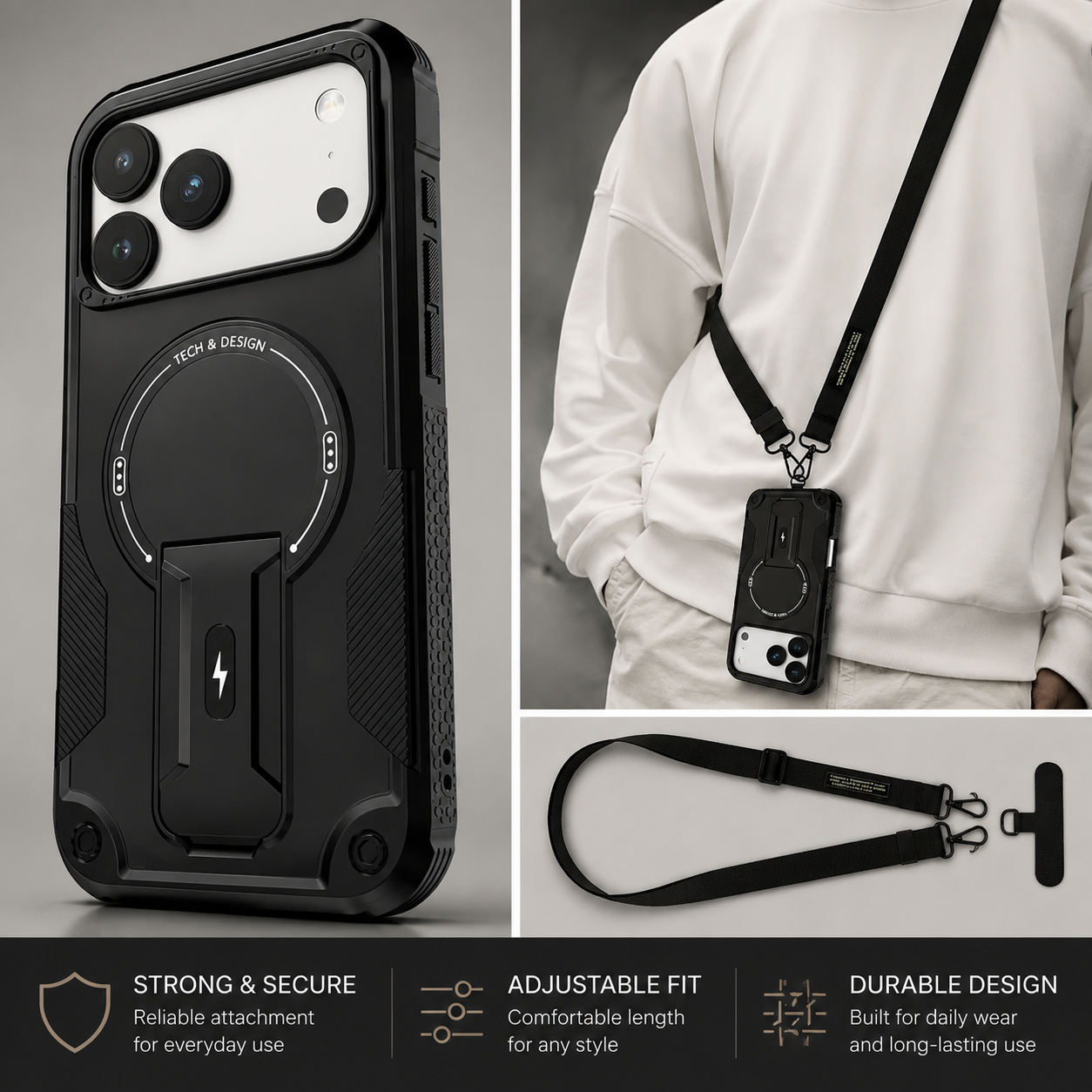 Premium iPhone Case Magnetic Rugged Shockproof Dual Layer PC TPU Cover Kickstand Lanyard Strap Heavy Duty Anti Slip Protective Full Coverage