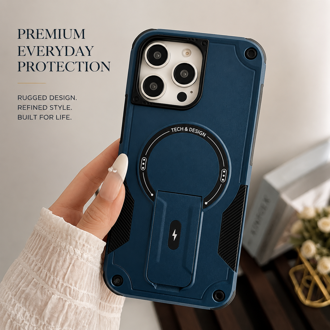 Premium iPhone Case Magnetic Rugged Shockproof Dual Layer PC TPU Cover Kickstand Lanyard Strap Heavy Duty Anti Slip Protective Full Coverage