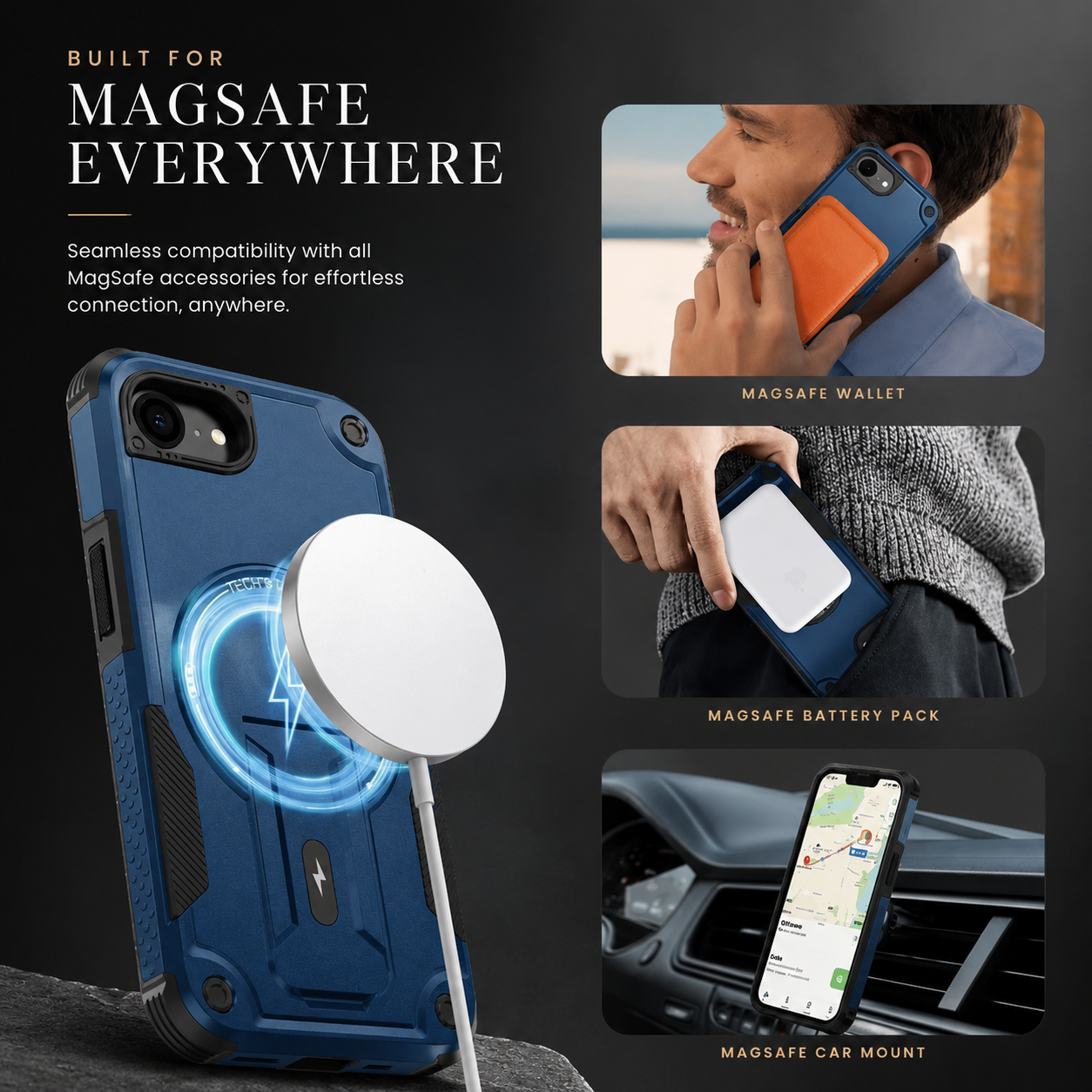 Premium iPhone Case Magnetic Rugged Shockproof Dual Layer PC TPU Cover Kickstand Lanyard Strap Heavy Duty Anti Slip Protective Full Coverage