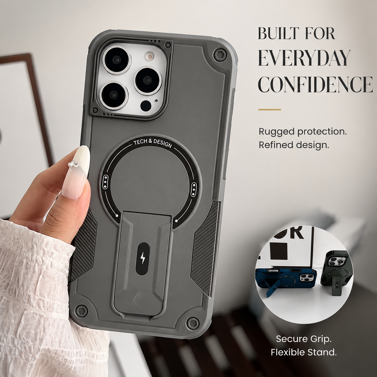 Premium iPhone Case Magnetic Rugged Shockproof Dual Layer PC TPU Cover Kickstand Lanyard Strap Heavy Duty Anti Slip Protective Full Coverage