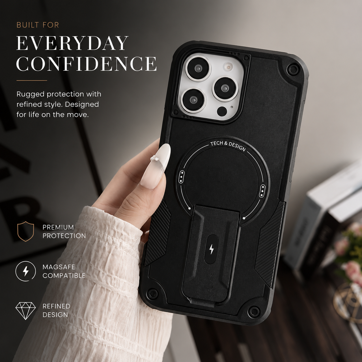 Premium iPhone Case Magnetic Rugged Shockproof Dual Layer PC TPU Cover Kickstand Lanyard Strap Heavy Duty Anti Slip Protective Full Coverage