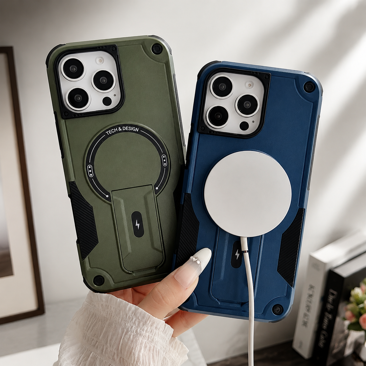 Premium iPhone Case Magnetic Rugged Shockproof Dual Layer PC TPU Cover Kickstand Lanyard Strap Heavy Duty Anti Slip Protective Full Coverage