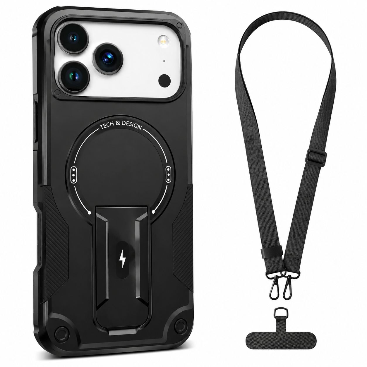 Premium iPhone Case Magnetic Rugged Shockproof Dual Layer PC TPU Cover Kickstand Lanyard Strap Heavy Duty Anti Slip Protective Full Coverage