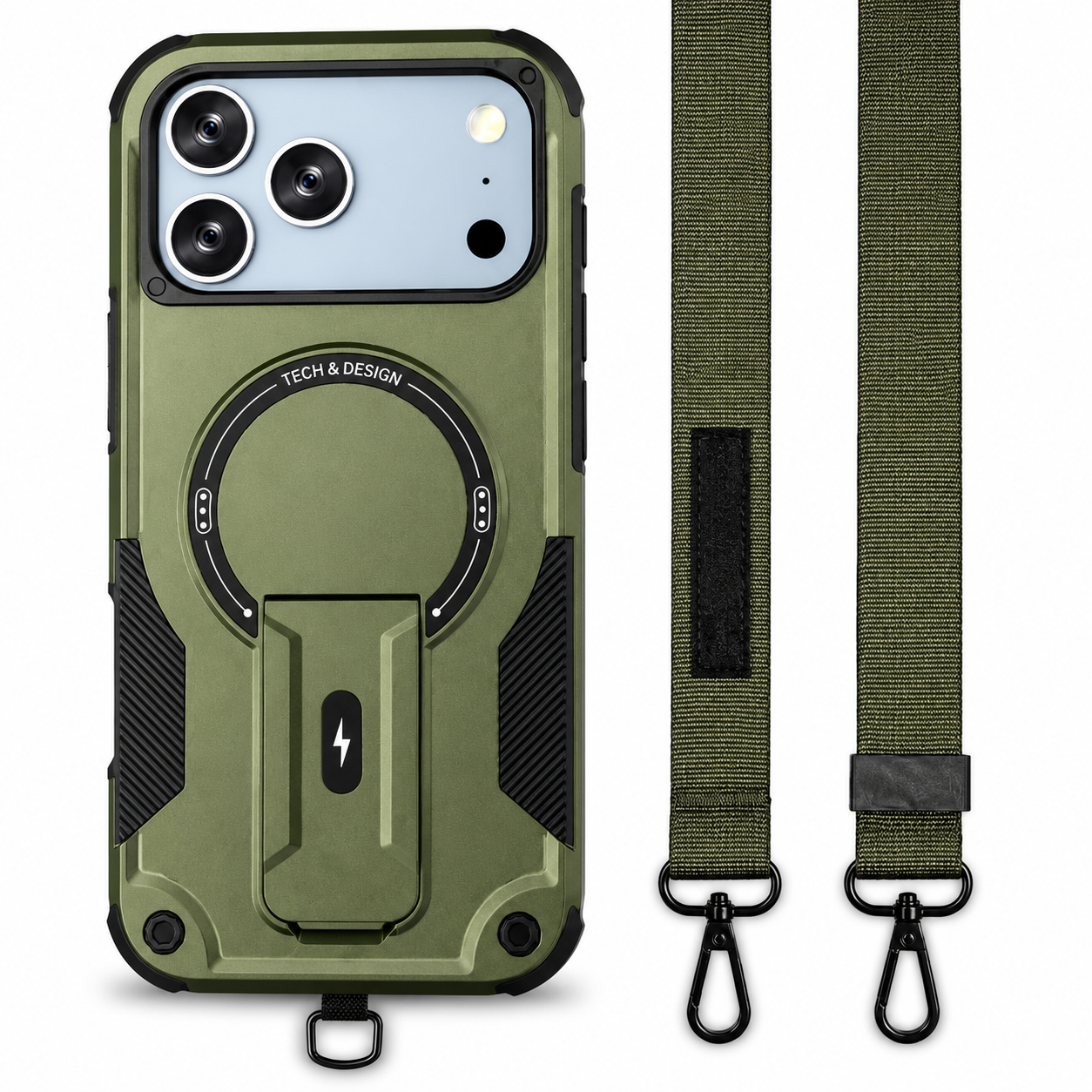 Premium iPhone Case Magnetic Rugged Shockproof Dual Layer PC TPU Cover Kickstand Lanyard Strap Heavy Duty Anti Slip Protective Full Coverage