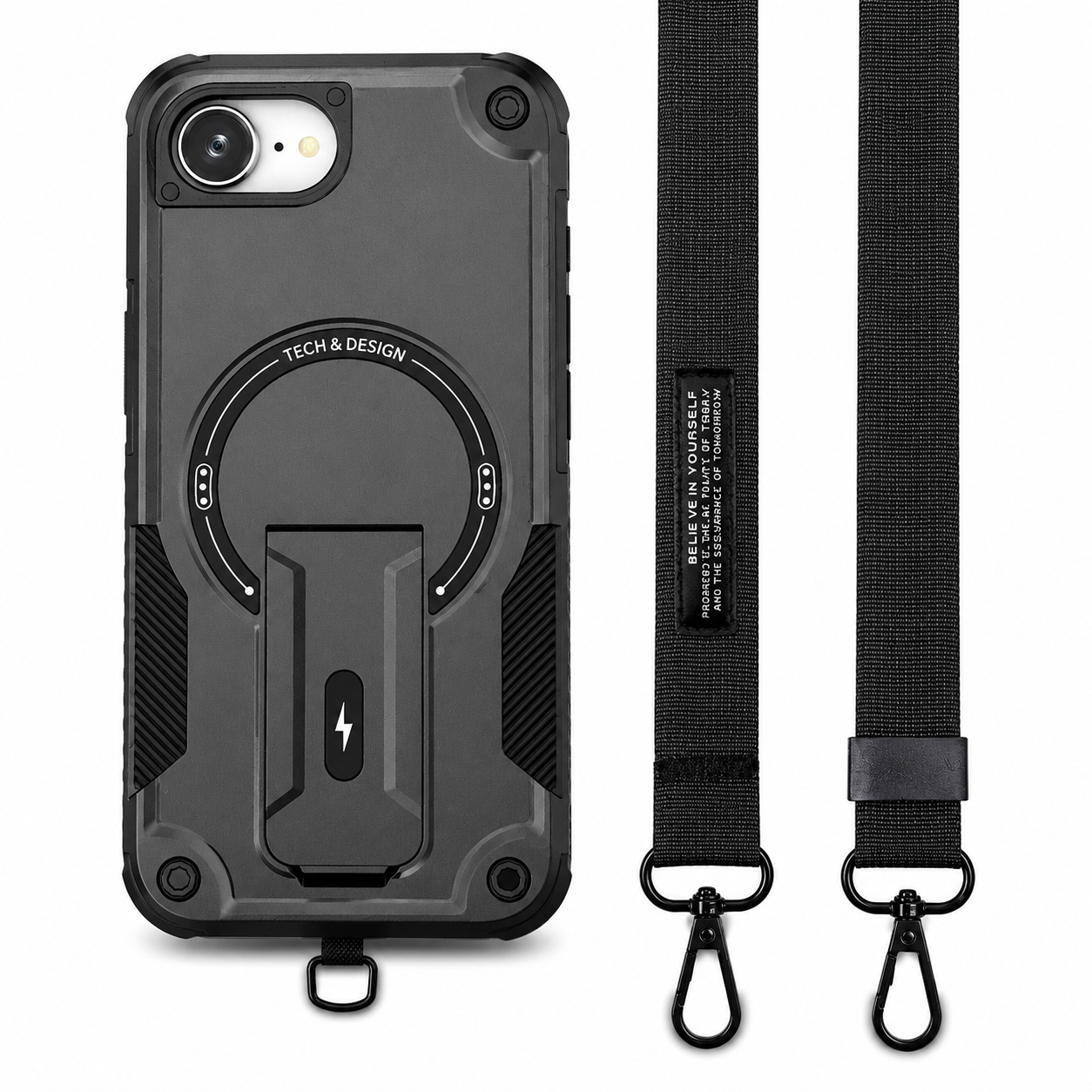 Premium iPhone Case Magnetic Rugged Shockproof Dual Layer PC TPU Cover Kickstand Lanyard Strap Heavy Duty Anti Slip Protective Full Coverage