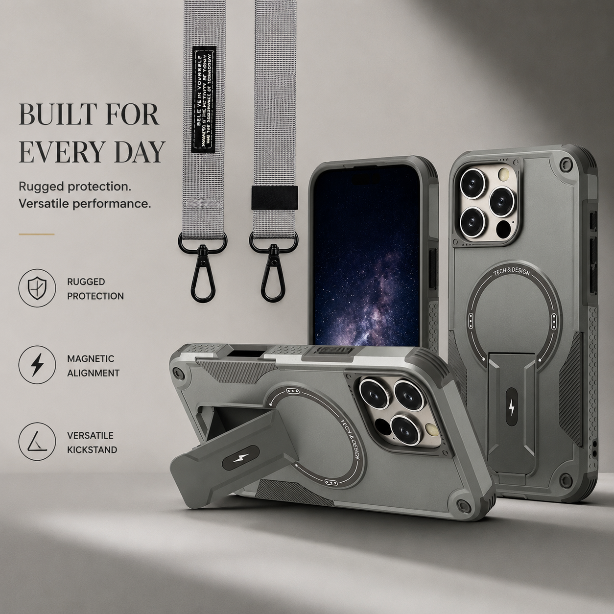Premium iPhone Case Magnetic Rugged Shockproof Dual Layer PC TPU Cover Kickstand Lanyard Strap Heavy Duty Anti Slip Protective Full Coverage