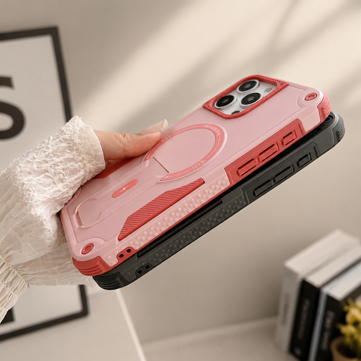 Premium iPhone Case Magnetic Rugged Shockproof Dual Layer PC TPU Cover Kickstand Lanyard Strap Heavy Duty Anti Slip Protective Full Coverage