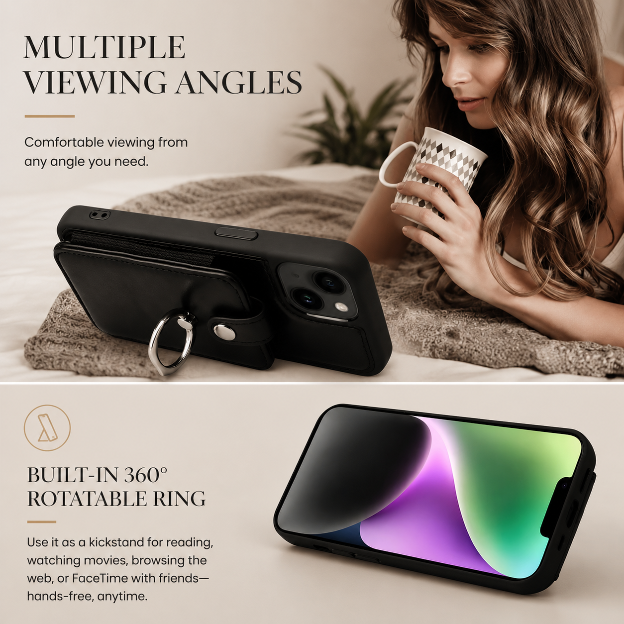 Premium iPhone Case Magnetic Wallet Cover MagSafe Compatible Leather Vertical Card Holder Ring Stand Shockproof Protective Camera Lens Protection Slim Design