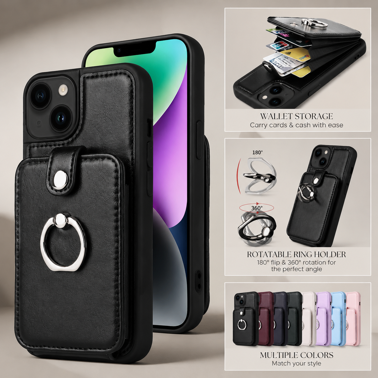 Premium iPhone Case Magnetic Wallet Cover MagSafe Compatible Leather Vertical Card Holder Ring Stand Shockproof Protective Camera Lens Protection Slim Design