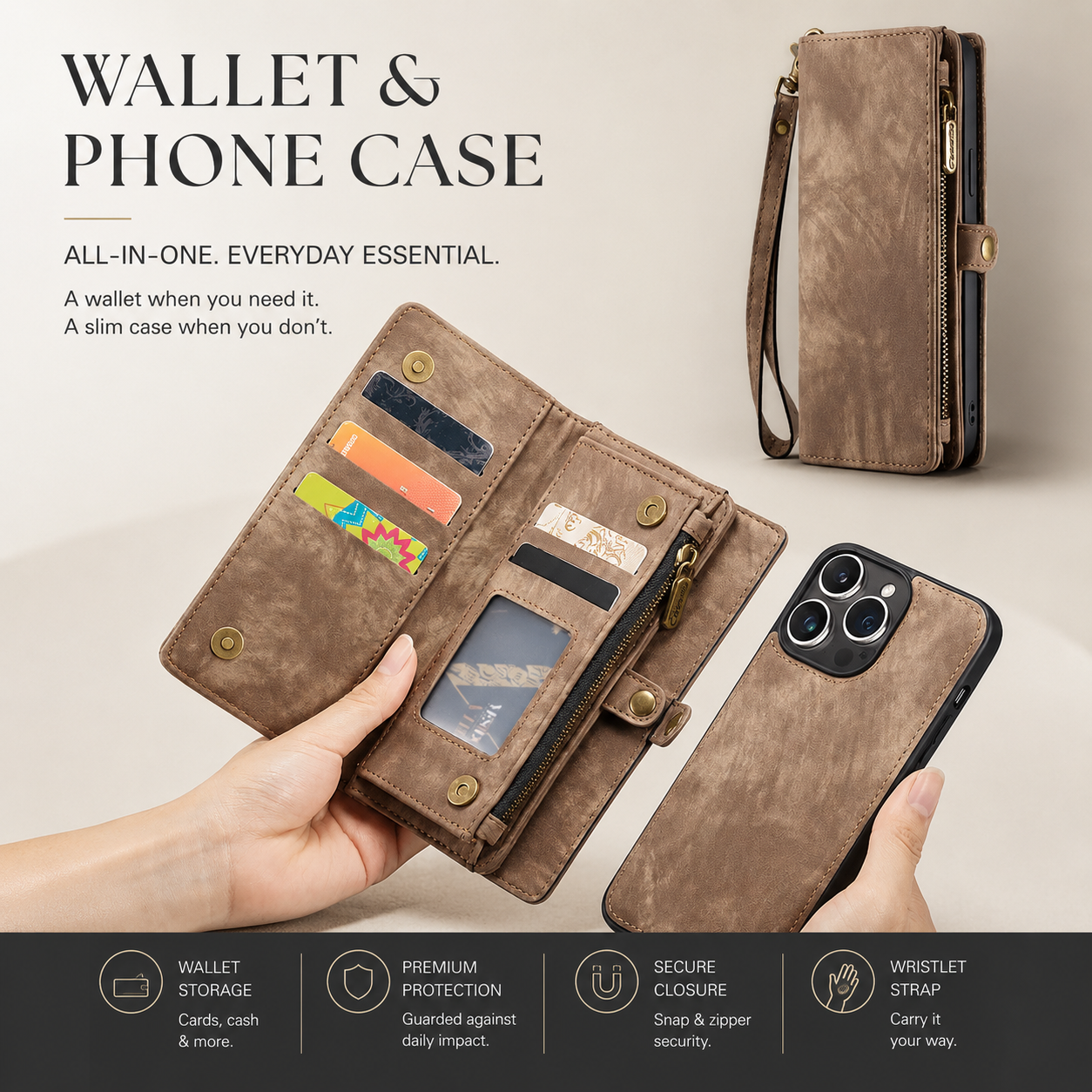 Premium iPhone Case Magnetic Wallet Cover Removable Leather Zipper Card Holder Lanyard Strap Shockproof Full Coverage Anti Scratch Protective Design
