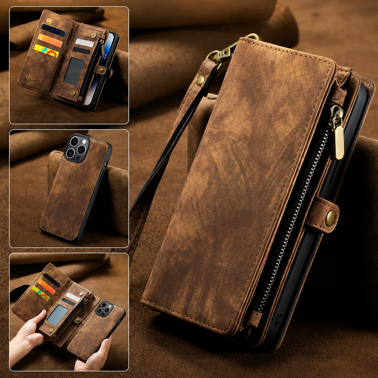 Premium iPhone Case Magnetic Wallet Cover Removable Leather Zipper Card Holder Lanyard Strap Shockproof Full Coverage Anti Scratch Protective Design