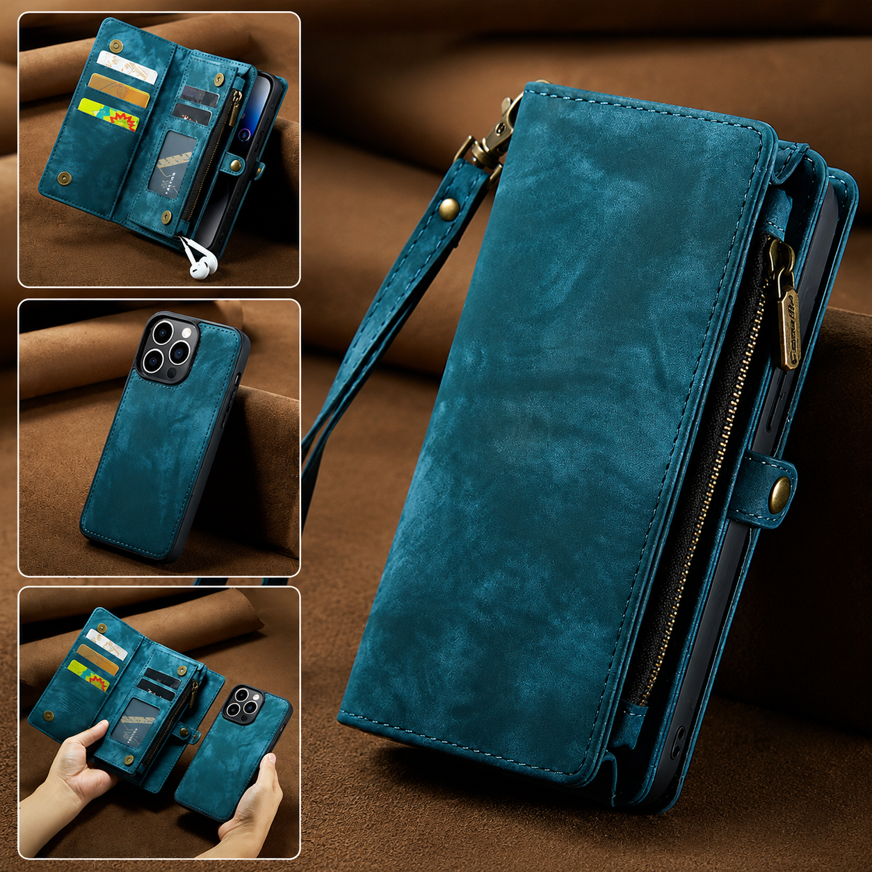 Premium iPhone Case Magnetic Wallet Cover Removable Leather Zipper Card Holder Lanyard Strap Shockproof Full Coverage Anti Scratch Protective Design