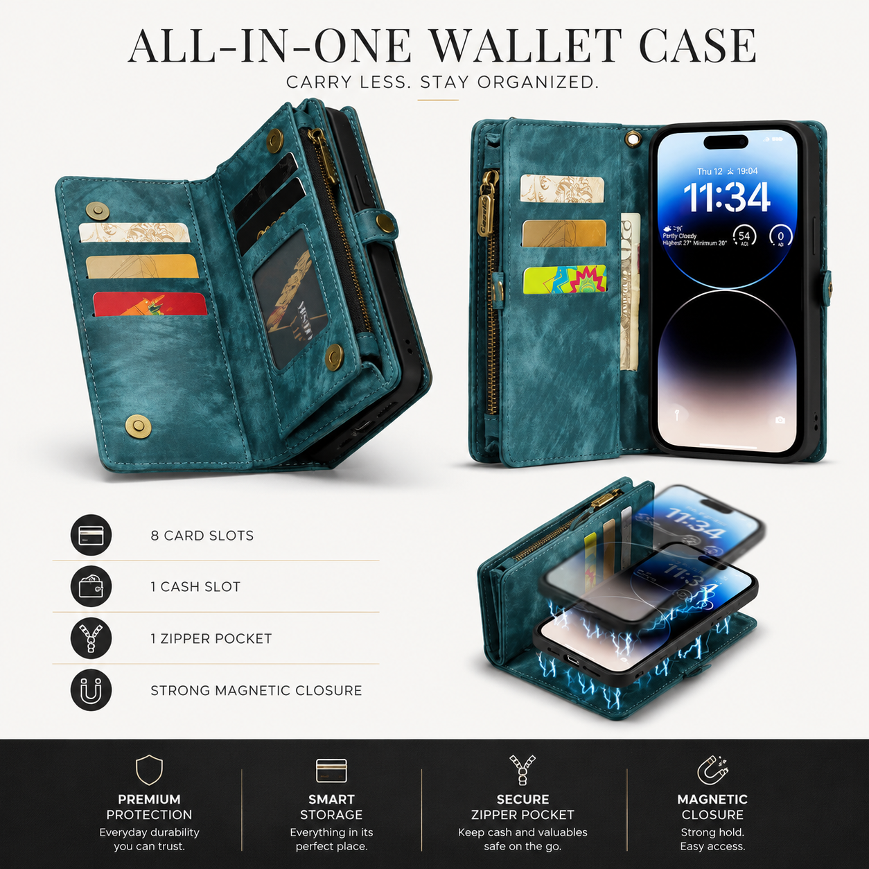 Premium iPhone Case Magnetic Wallet Cover Removable Leather Zipper Card Holder Lanyard Strap Shockproof Full Coverage Anti Scratch Protective Design