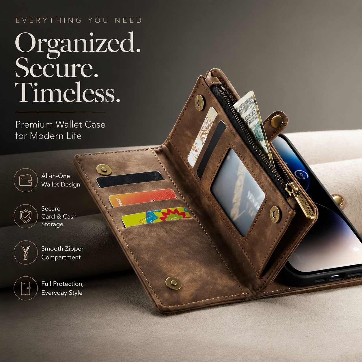Premium iPhone Case Magnetic Wallet Cover Removable Leather Zipper Card Holder Lanyard Strap Shockproof Full Coverage Anti Scratch Protective Design