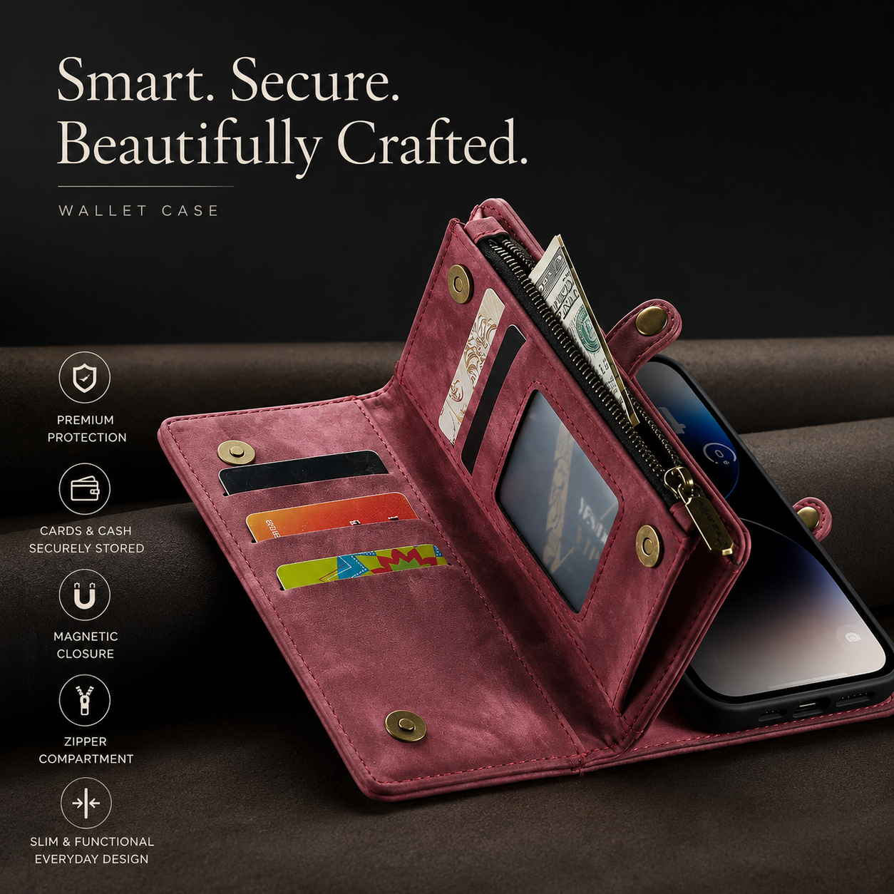 Premium iPhone Case Magnetic Wallet Cover Removable Leather Zipper Card Holder Lanyard Strap Shockproof Full Coverage Anti Scratch Protective Design